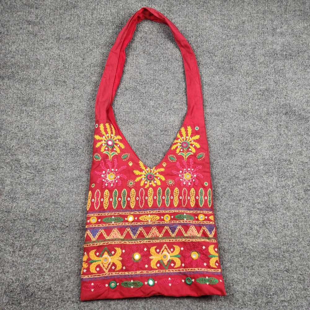 Red Cotton Embroidered Mirror Work Boho Hobo Shoulder Bag RN 17730 F423